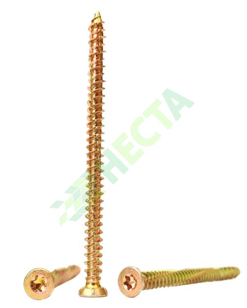 urub Montaj Ferestre 7.5×112 mm, Galben, TX30 – 100 buc Șurub profesional pentru fixarea tocurilor de uși și ferestre în beton, BCA, cărămidă sau lemn. Fabricat din oțel zincat galben, cu amprentă Torx TX30 pentru o înșurubare rapidă și sigură. Oferă rezistență ridicată la smulgere și forfecare, fiind ideal pentru montaj durabil și estetic.